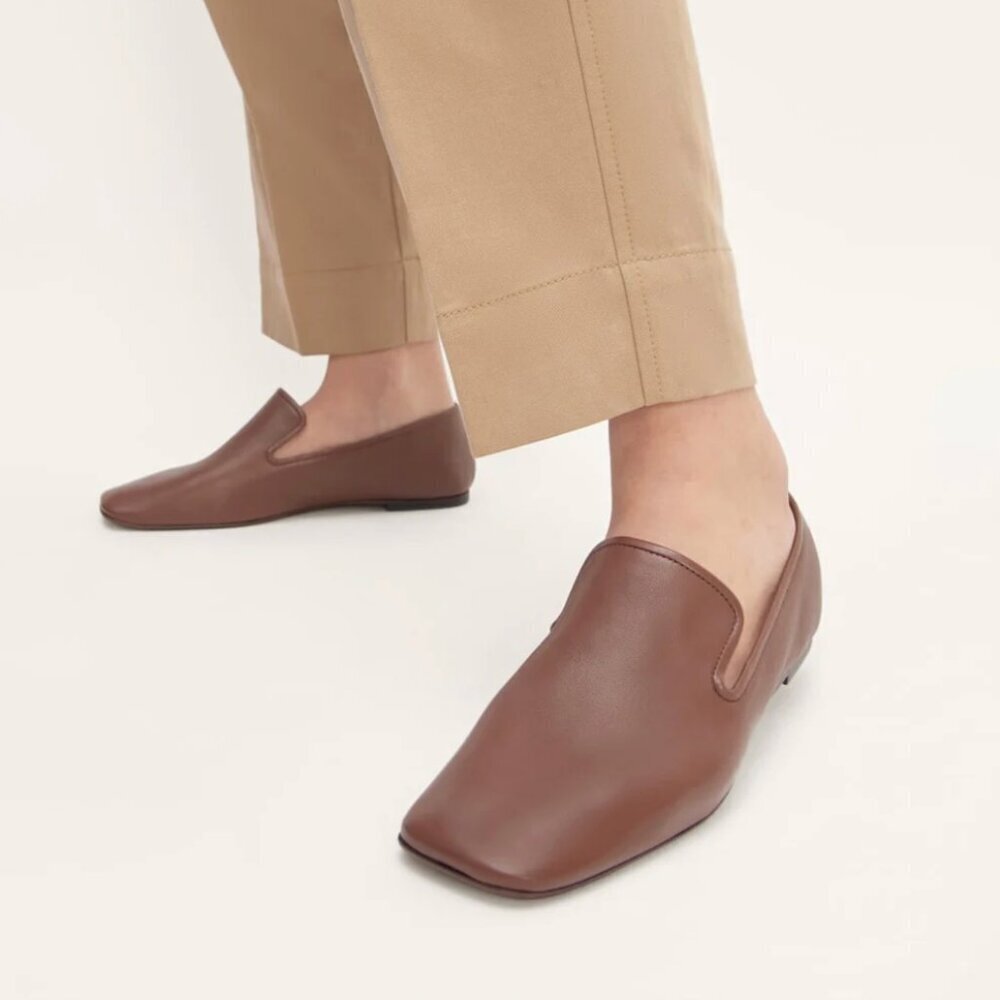 Everlane The Day Loafer Square Toe Slip On Flats Shoes Leather Rum Brown Size 10